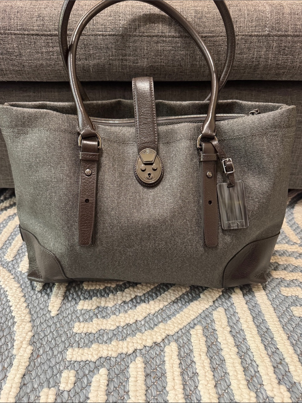 TUMI Villa Turin Shopper Laptop Tote Gray Coated Twill Brown Leather  Travel Bag